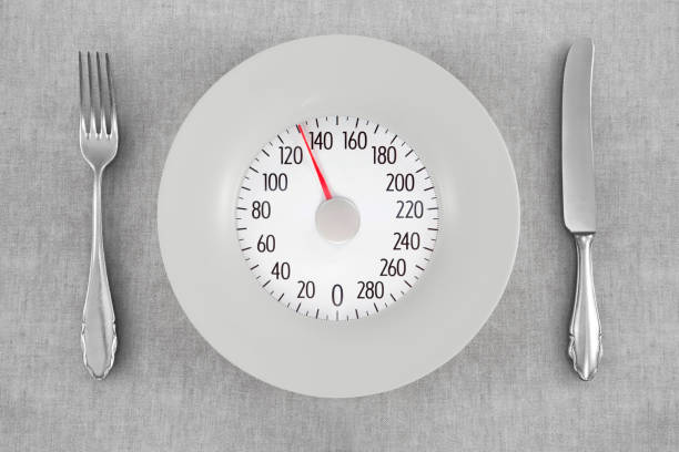 Looking down on a plate with a symbolic weight scale