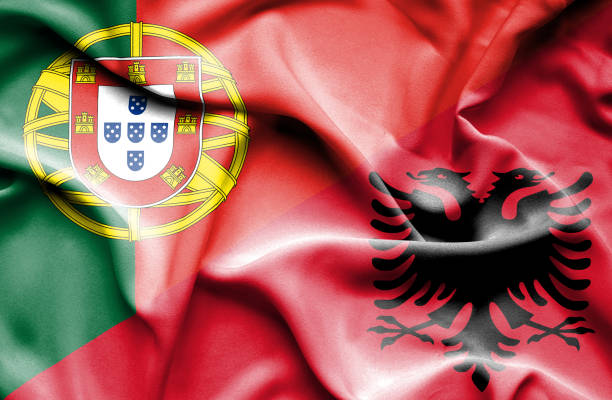 istock Waving flag of Albania and Portugal 670096200