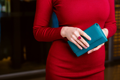stylish female hand holding wallet. Fashionable women's accessory
