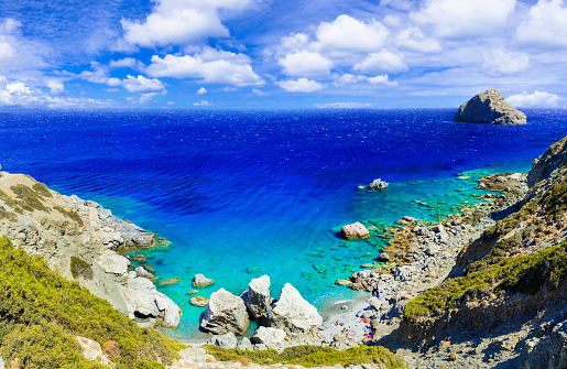 famous beach and churcj Agia Anna in Amorgos island