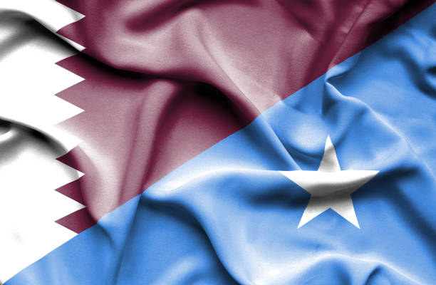 machając flagą somalii i kataru - somali republic stock illustrations