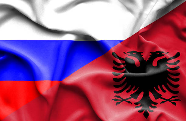 istock Waving flag of Albania and Russia 670112810