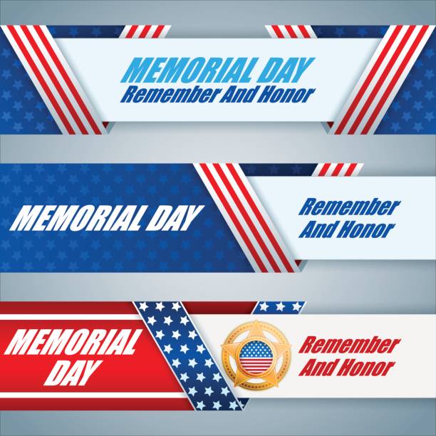 Set of web banners for Memorial day Set of web banners design, background with military badge and American flag, for Memorial day event, celebration: Vector celebration designer beat stock illustrations