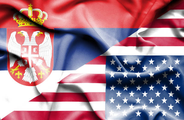 Waving flag of United States of America and Serbia Waving flag of United States of America and Serbia настойка прополиса 10 процентная stock illustrations