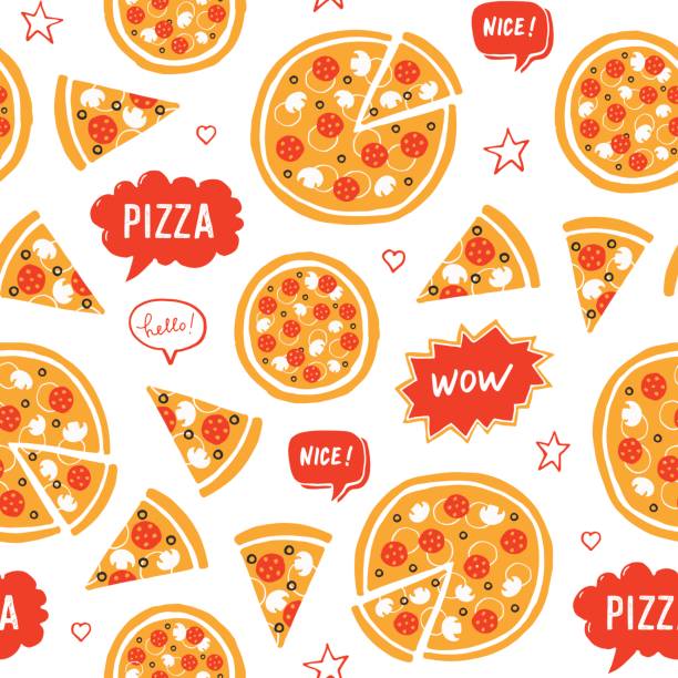 Hand drawn pizza. Seamless pattern Vector hand drawn pizza and speech bubbles with words: nice, wow, pizza, hello. Seamless pattern on white background pizza place stock illustrations