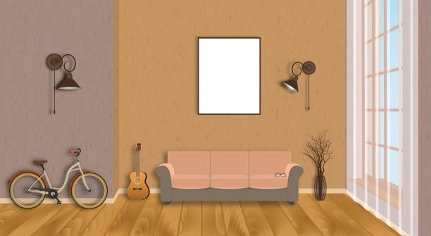 mock-up wohnzimmer interieur mit leeren rahmen, fahrrad, gitarre, parkett und fenster. loft-design-konzept. - domestic room wall steps staircase stock-grafiken, -clipart, -cartoons und -symbole