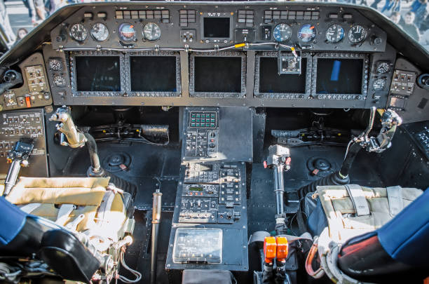 istock Cabin helicopter view of the panel instruments and the steering wheel 670126844
