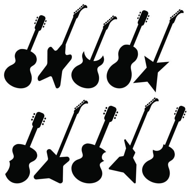 Set of Guitars Different Guitars Silhouettes Isolated on White Background guitar icons stock illustrations