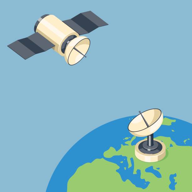 Orbit and dish satellite on earth planet. Orbit and dish satellite on earth planet. Isometric vector illustration satellite phone stock illustrations