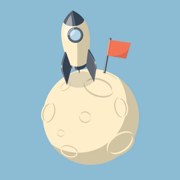 3D Rocket spaceship landed on moon. 3D Rocket spaceship landed on moon. Success concept. Isometric vector illustration blank flag stock illustrations