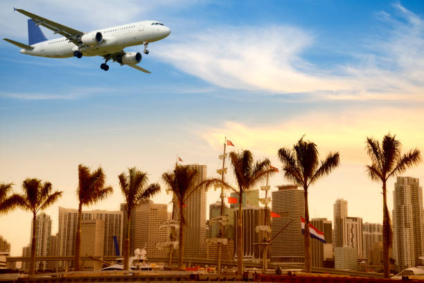 istock Airplane landing in Miami, Florida, USA 670158484