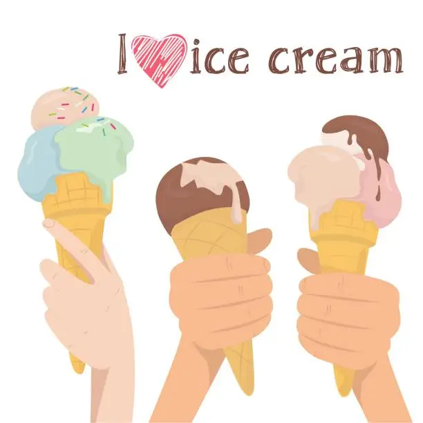 Vector illustration of Hand holding ice cream in a waffle cone.