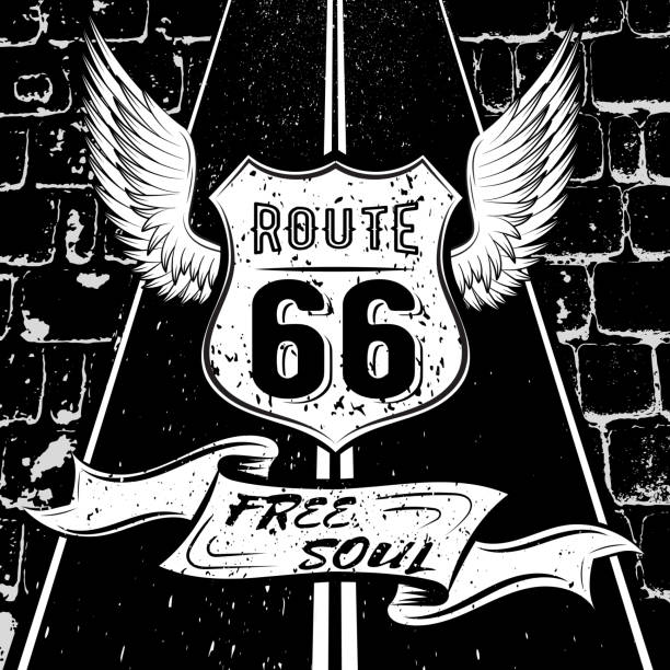 ilustrações de stock, clip art, desenhos animados e ícones de free soul route 66. vector illustration design racing emblem with highway sign route 66, the wings, the highway, on a background of a paved road - route 66 illustrations