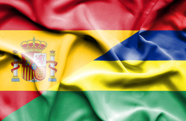 istock Waving flag of Mauritius and Spain 670172244
