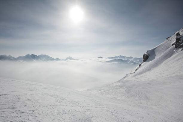 Snow capped mountains of the Les Arcs ski area in the French Alps in Europe