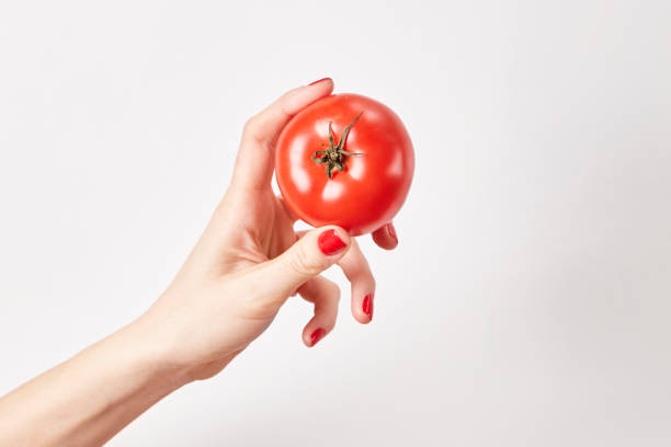 świeży pomidor warzywny w kobiecej dłoni, palce z czerwonymi paznokciami manicure, wyizolowane na białym tle, koncepcja zdrowego stylu życia - tomato apple green isolated zdjęcia i obrazy z banku zdjęć