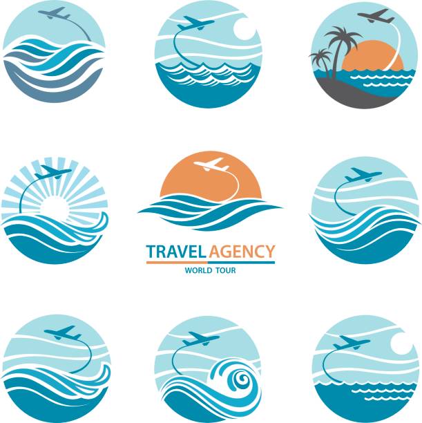 travel logo set travel logo collection with aircraft and ocean travel agencies stock illustrations