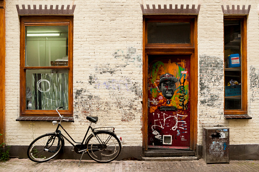 Facade of a house with graffitti on the door and a bicycle in front of it