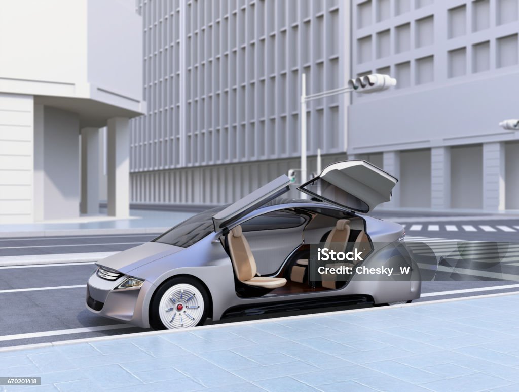 Silver autonomous car parking at the side of the road Silver autonomous car parking at the side of the road. 3D rendering image. Driverless Car Stock Photo