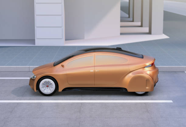 istock Golden autonomous car driving on the road 670201846