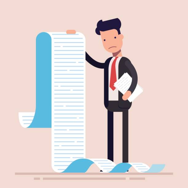 Businessman or manager, hold a long list or scroll of tasks. or questionnaire. Man in a business suit. Flat character. Vector illustration Businessman or manager, hold a long list or scroll of tasks. or questionnaire. Man in a business suit. Flat character. Vector illustration. lawyer drawings stock illustrations