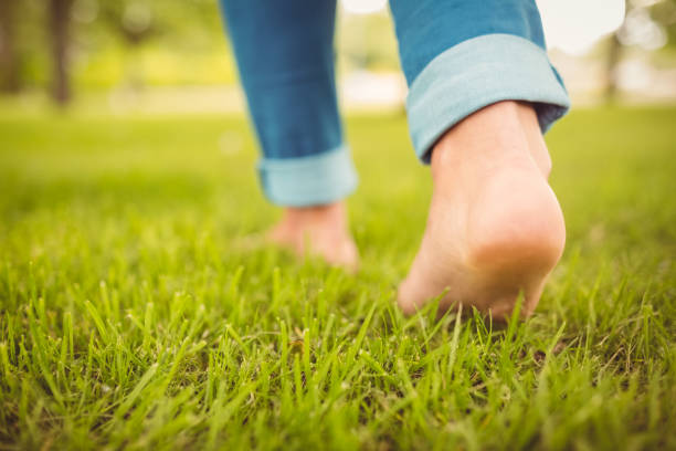 Low section of woman walking on grass Low section of woman walking on grass in park barefoot stock pictures, royalty-free photos & images
