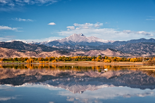 A perfectly reflected Longs peak Mountain on Macintosh Lake in Longmont