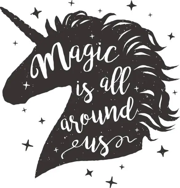 Vector illustration of Vector illustration unicorn head silhouette with lettering text