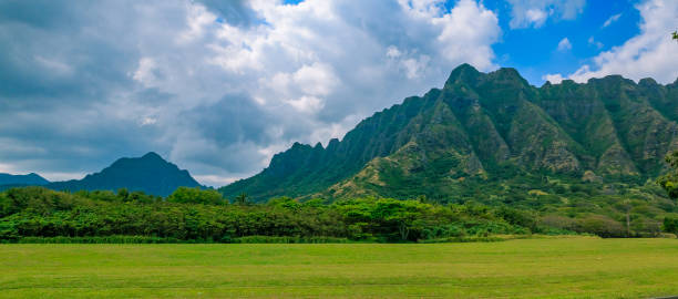 Panorama of the mountain range by famous Kualoa Ranch in Oahu, Hawaii where  "Jurassic Park" was filmed Panorama of the mountain range by Kualoa Ranch in Oahu, Hawaii. Famous movies and TV, including "Lost" and "Jurassic Park" were filmed here jurassic photos stock pictures, royalty-free photos & images
