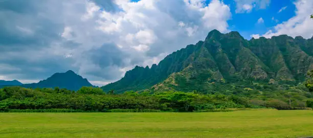 Panorama of the mountain range by Kualoa Ranch in Oahu, Hawaii. Famous movies and TV, including "Lost" and "Jurassic Park" were filmed here
