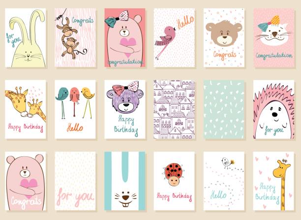 Vector artistic card Collection of cute artistic cards for kids. Funny animals in vector. ladybird book stock illustrations