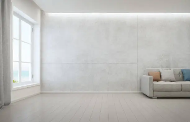 Photo of Sea view living room with wooden floor and concrete wall background in modern beach house, White interior of vacation home