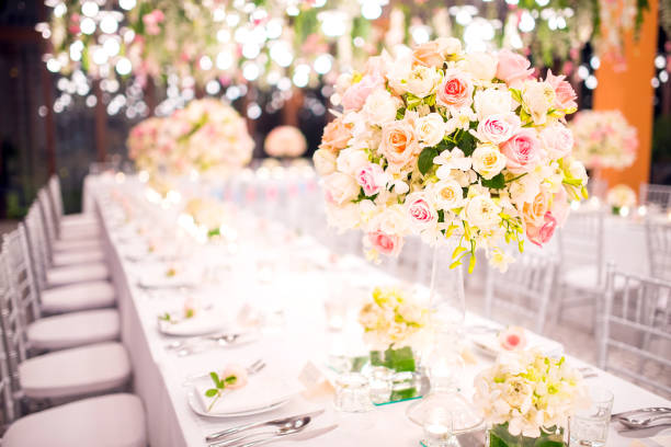 istock Table setting at a luxury wedding and Beautiful flowers on the table. 670265370
