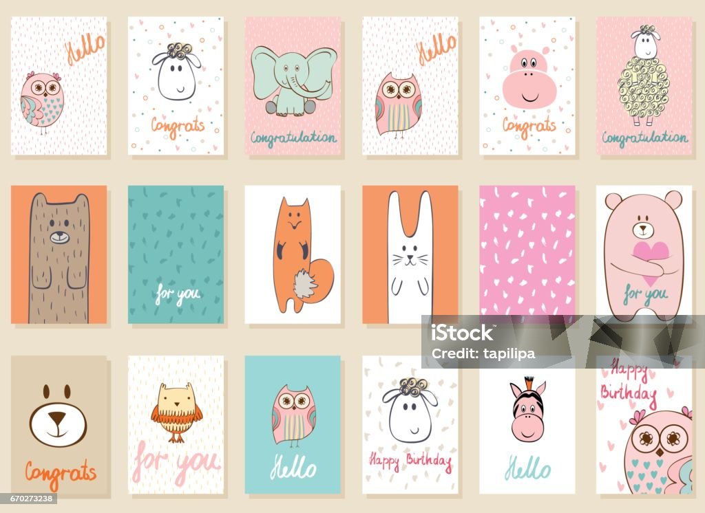 Vector artistic card Collection of cute artistic cards for kids. Funny animals in vector. Baby - Human Age stock vector