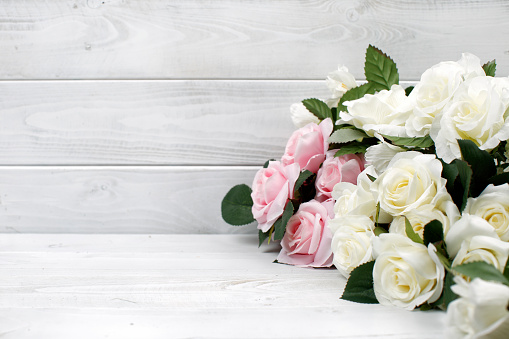 Roses on white wood background with Copy space;