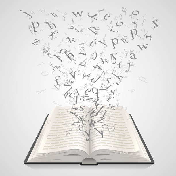 Open book with flying letters on a white background, education art. Vector illustration Open book with flying letters on a white background, education art . Vector illustration open letter icon stock illustrations