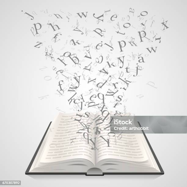 Open Book With Flying Letters On A White Background Education Art Vector Illustration Stock Illustration - Download Image Now