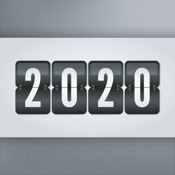 istock 2020 Happy New Year Scoreboard. Grey black and white vector flip symbol on dotted background. Infographic sign 670309026