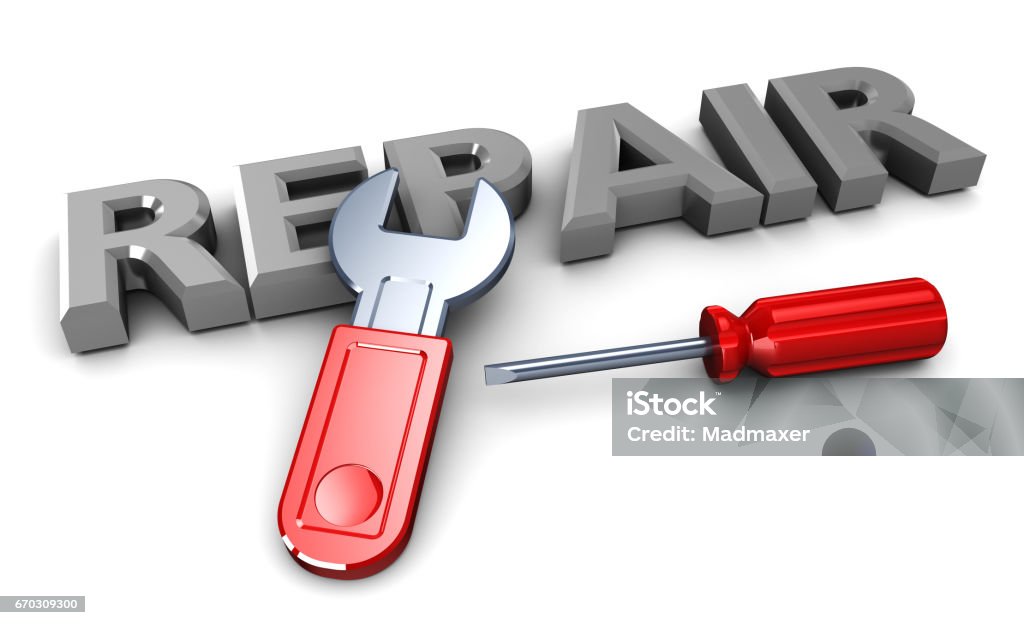 repair 3d illustration of sign 'repair' with hand tools, over white background Business Stock Photo