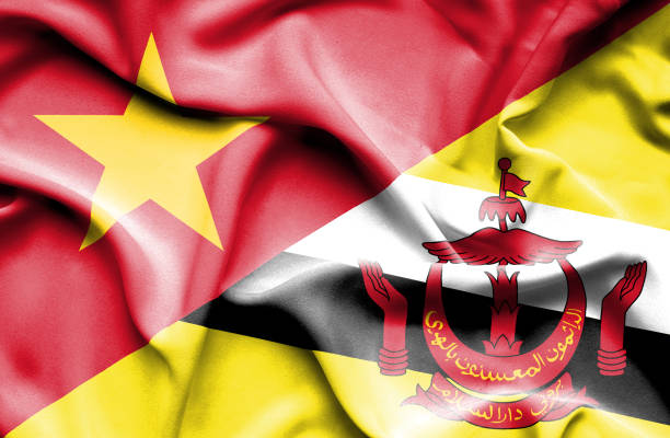 mengibarkan bendera brunei dan vietnam - brunei money ilustrasi stok