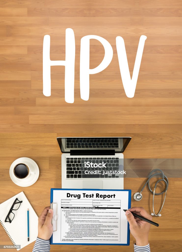 HPV CONCEPT Virus vaccine with syringe HPV criteria for pap smear slide cytology. Human Papilloma Virus Stock Photo