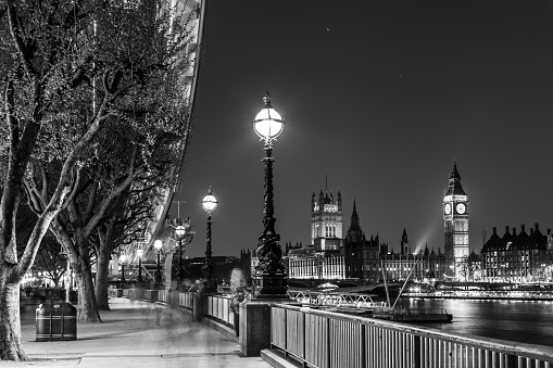 London, UK - April 7, 2017: Black and white artistic night photo of London Eye, Big Ben and Palace of Westminster aka Houses of parliament on 7th of April, 2017 in London, UK.