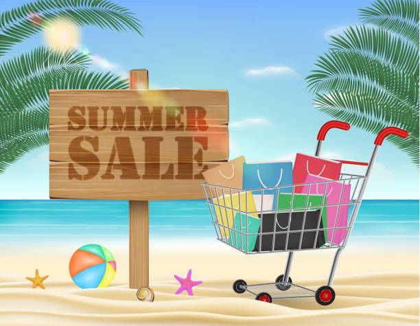 istock summer sale wood board and shopping cart with beach background 670359900