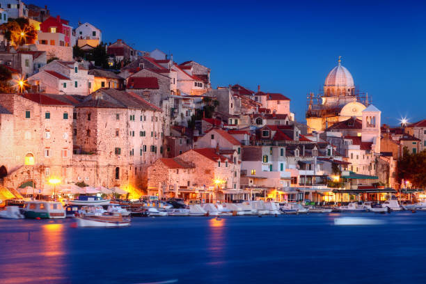 istock Old city Sibenik at night, waterfront view, Croatia 670365330