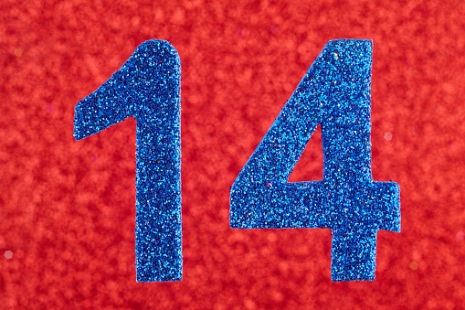 Number fourteen blue color over a red background. Anniversary. Horizontal