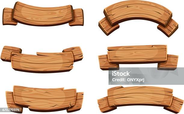 Cartoon Brown Wooden Plate And Ribbons Vector Set Isolate On White Background Stock Illustration - Download Image Now