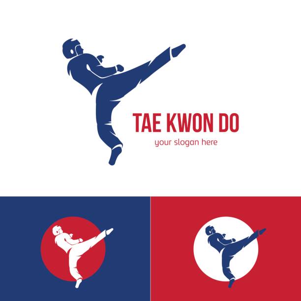 ilustraciones, imágenes clip art, dibujos animados e iconos de stock de plantilla de logotipo de taekwondo de vector. artes marciales de la divisa. - karate kicking tae kwon do martial