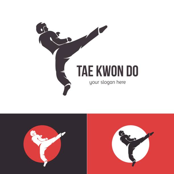 Vector taekwondo logo template. Martial arts badge. Vector taekwondo logo template. Martial arts badge. Emblem for sports events, competitions, tournaments. Silhouette of a man taekwondo stock illustrations