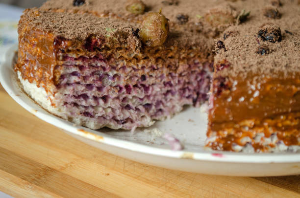 istock Puff cake with currant jam and chocolate powder 670380778