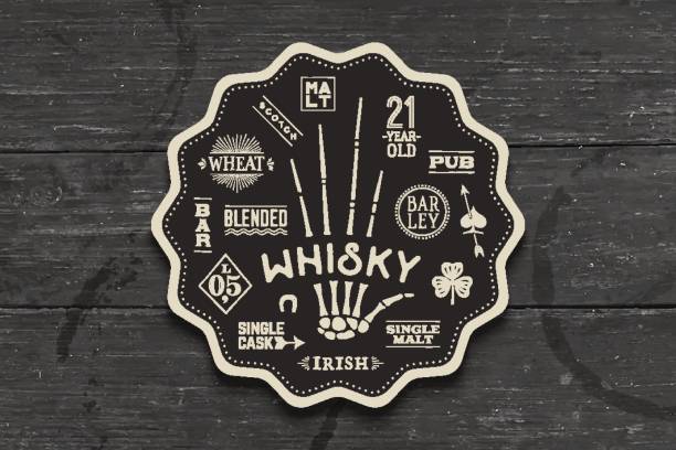 Coaster for whiskey and alcoholic beverages Coaster for whiskey and alcoholic beverages. Vintage drawing for bar, pub and whiskey themes. Black and white circle for placing whiskey glass over it with lettering, drawings. Vector Illustration irish punt note stock illustrations